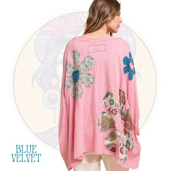 16V BLUE VELVET Pretty Boxy Fit Shirt Flower Applique in Pink - Picture 2 of 2